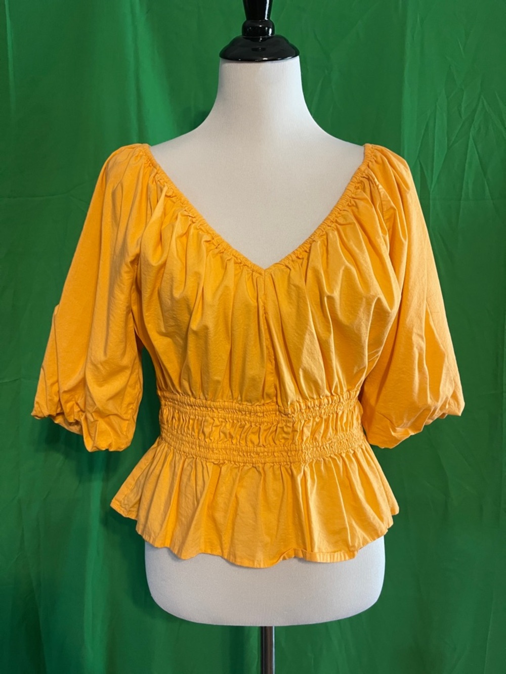 Smocked Waist V-Neck Peplum Top - apricot